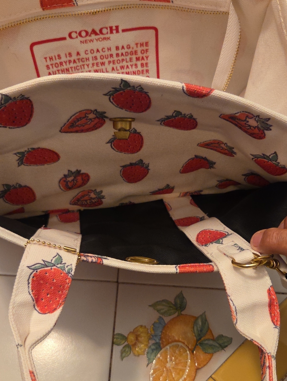 Coach White Canvas Tote with Red Strawberry Motif - Picture 7 of 8
